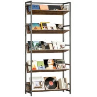 HOMCOM Bookshelf 5-Tier Metal Frame Bookcase Storage Shelves for Living Room Rustic Brown(m-10)