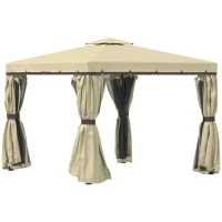 Outsunny 3 x 3(m) Patio Gazebo Canopy Garden Pavilion Tent Shelter with 2 Tier Water Repellent Roof, Mosquito Netting and Curtains, Aluminium Frame, Beige(m-10)