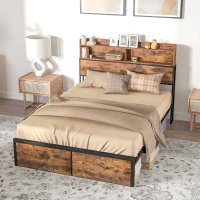 HOMCOM Industrial Double Bed Frame, 4.6FT Steel Bed Base with Storage Headboard, Footboard, Slatted Support and Under Bed Storage, 141 x 207cm, Rustic Brown(m-2)