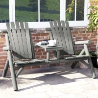 Outsunny Wood Patio Chair Bench 2 Seats w/ Centre Coffee Table, Garden Bench, Grey(m-2)