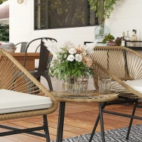 Outsunny 3 Pieces Rattan Bistro Set, Wicker Small Garden Table and Chairs Set with Cushions and Glass Top Coffee Table, Bistro Garden Furniture Set for Outdoor, Patio, Balcony, Natural(m-8)