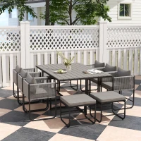 Outsunny 10 Seater Rattan Cube Garden Furniture Set, Rattan Dining Set with Cushions, Outdoor Dining Table and Chairs with 6 Armchairs, 4 Stools, Rectangular Wood Grain Plastic Top Table, Grey(m-2)