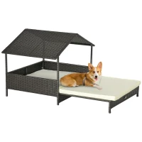 PawHut Extendable Elevated Dog Bed, Rattan Dog House, with Water-Resistant Roof, Removable Cushion, Cream(m-10)