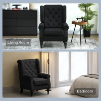 HOMCOM Wingback Accent Chair, Faux Linen Armchair with Thick Spring Cushion, High Back, Solid Wood Legs, Retro Button Tufted Reading Chair for Living Room, Bedroom, Black(m-8)