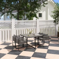 Outsunny 4 Seater Rattan Cube Garden Furniture Set, Rattan Dining Set with Cushions, Outdoor Dining Table and Chairs with Rectangular Wood Grain Plastic Top Table for Patio, Balcony, Grey(m-2)
