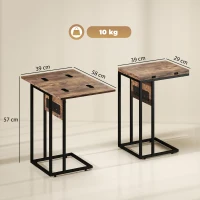HOMCOM C Shaped Side Table with Charging Station and Foldable Top - Rustic Brown(m-3)