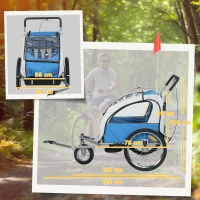 HOMCOM 2 Seat Bike Trailer with 5 Point Harness, Baby Bike Stroller with Safety Flag, Reflectors, for 18+ Months, Blue(m-3)