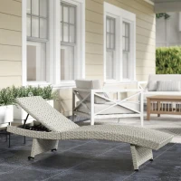 Outsunny Outdoor PE Rattan Sun Lounger, Folding Wicker Garden Lounger Recliner with 4-Level Adjustable Backrest, Rolling Sunbed Lounge Chair with Wheels, Non-Slip Legs for Balcony, Beach, Grey(m-2)