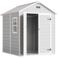 Outsunny 6 x 5ft Garden Shed, Plastic Shed with Floor, Window, Lockable Doors and Vents, Wood Effect Resin Tool Shed for Outdoor Patio, Light Grey(m-1)