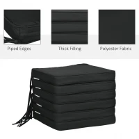 Outsunny Set of 6 Chair Cushion Seat Pads Dining Chair w/ Straps Indoor Outdoor Removable Tie On Garden Patio, Black(m-4)