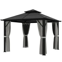 Outsunny 3 x 3(m) Hardtop Gazebo Canopy with UPF30+ Double Polycarbonate Roof, Aluminium Frame Garden Gazebo Permanent Pavilion with Mosquito Netting and Curtains for Patio, Deck, Grey(m-11)