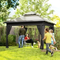 Outsunny 3 x 3(m) Pop Up Gazebo with Mosquito Netting, 1 Person Easy up Marquee Party Tent with 1-Button Push, Double Roof, Carry Bag, Sandbags, Height Adjustable Instant Shelter, Grey(m-2)