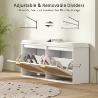 HOMCOM Boho Shoe Bench with Padded Seat and 2 Flip-Drawers - White(m-7)