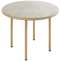 Outsunny Round Coffee Table, Modern End Side Table with Faux Marble Tempered Glass Top, Steel Frame for Living Room, Bedroom, Office, Beige(m-1)