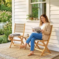Outsunny Lot de 2 Chaises de Jardin Pliantes Chaises de Balcon en Bois d'Acacia FSC Assise en Corde Tressée Naturel et Beige(m-8)
