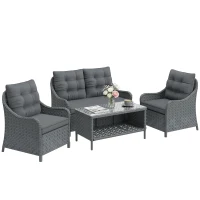 Outsunny 4-Piece Wicker Patio Furniture Set with 2 Armchairs, Loveseat, Glass Coffee Table, Conversation Sofa Set, Dark Grey(m-10)