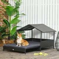 PawHut Extendable Elevated Dog Bed, Rattan Dog House w/ Water-Resistant Roof, Removable Cushion - Grey(m-2)