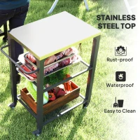 Outsunny Three-Shelf Outdoor Grill Cart with Stainless Steel Top, Outdoor Kitchen Island with 4 Wheels, 3 Hooks, Movable Food Prep Barbecue Pizza Oven Table for Kitchen, Garden, 65.5 x 41 x 79 cm(m-4)