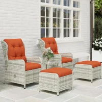 Outsunny 5 Pieces Rattan Bistro Set with Adjustable Back, Reclining Wicker Balcony Furniture with Cushions, Glass Top Coffee Table and Footstools, Outdoor Table and Chairs, Orange(m-8)