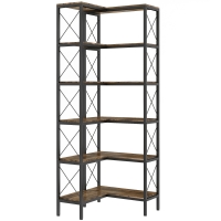 HOMCOM 5-Tier L-Shaped Bookshelf, Freestanding Corner Bookcase with Metal Frame, Rustic Brown