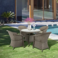 Outsunny 4 Seater Rattan Garden Furniture Set with Cushions, Round PE Rattan Dining Set with Glass-Top Table, Umbrella Hole, Outdoor Garden Table and Chairs, Mixed Grey(m-2)