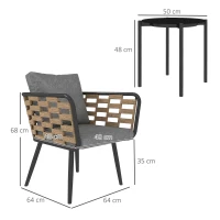 Outsunny 3 Pieces Rattan Bistro Set with Washable Seat and Back Cushions, Glass Top Coffee Table, for Outdoor, Patio, Black(m-3)