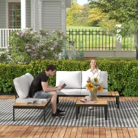 Outsunny Four-Piece Garden Corner Sofa Set with 2 Loveseats and 2 Coffee Tables - Teak(m-9)