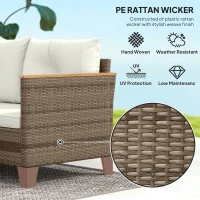 Outsunny 3 Pieces Rattan Garden Furniture Set, L Shaped Garden Conversation Chaise Lounge Furniture with Wood Top Coffee Table and Thick Cushions, Cream(m-6)
