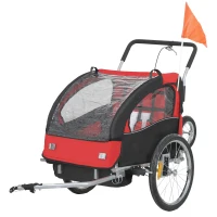 HOMCOM 2 Seat Bike Trailer with 5 Point Harness, Baby Bike Stroller with Safety Flag, Reflectors, for 18+ Months, Red(m-11)