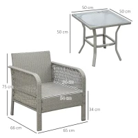 Outsunny 3 Pieces Rattan Bistro Set with Glass Top Coffee Table, Chairs and Cushions for Outdoor, Patio, Balcony, Grey(m-3)