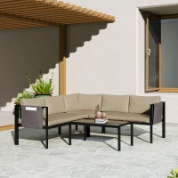 Outsunny 5 Seater Garden Corner Sofa Set, 4 Pieces Metal Garden Furniture Set with Loveseats, Glass Top Coffee Table, Breathable Mesh Pocket, Outdoor Conversation Furniture with Cushions, Khaki(m-2)