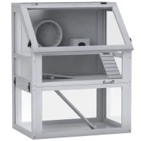 PawHut Wooden Hamster Cage with Detachable 32cm Deep Bottom, Hut, Seesaw, Exercise Wheel, Ramp, 60 x 40 x 75cm, Light Grey(m-1)