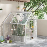 Outsunny 6 x 6ft Walk-In Greenhouse, Polycarbonate Greenhouse with Sliding Door, Window, Aluminium Frame, Foundation, Silver(m-2)