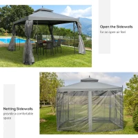 Outsunny 3(M)x3(M) Garden Gazebo Double Top Outdoor Canopy Patio Event Party Wedding Tent Backyard Sun Shade with Netting - Grey(m-5)