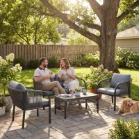 Outsunny 4 Piece Rattan Garden Furniture Set with Loveseat, Armchairs, Table, Steel Frame Wicker Patio Conversation Set, Grey(m-2)