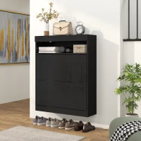 HOMCOM 16 Shoe Pair Storage Cabinet, with Flip Doors - High Gloss Black(m-7)