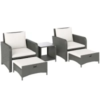 Outsunny Five Piece Rattan Garden Furniture Set with 2-Tier Coffee Table and Ottomans  - Cream White(m-1)