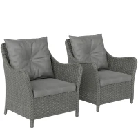 Outsunny Rattan Garden Chairs Set of 2, Outdoor Rattan Chairs with Cushions, Armrests and High Back, PE Wicker Garden Armchair with Steel Frame for Balcony, Porch, Dark Grey(m-1)