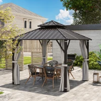 Outsunny 3 x 3(m) Hardtop Gazebo Canopy with Double Metal Roof, Waterproof Permanent Pavilion Garden Gazebo with Netting and Curtains, Easy to Assemble, Beige(m-9)