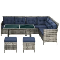 Outsunny 7-Seater Patio wicker Sofa Set Rattan Chair Furniture w/ Glass & Cushioned, Dark Blue(m-11)