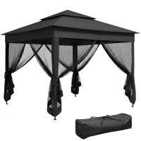 Outsunny 3 x 3(m) Pop Up Gazebo, Double-roof Garden Tent with Netting and Carry Bag, Party Event Shelter, Black(m-10)