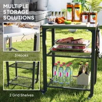 Outsunny Three-Shelf Outdoor Grill Cart with Stainless Steel Top, Outdoor Kitchen Island with 4 Wheels, 3 Hooks, Movable Food Prep Barbecue Pizza Oven Table for Kitchen, Garden, 65.5 x 41 x 79 cm(m-5)