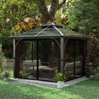 Outsunny 3 x 3(m) Hardtop Gazebo Canopy with 7mm Polycarbonate Double-Tier Roof, Garden Gazebo Permanent Pavilion with Mosquito Netting and Curtains for Patio, Terrace, Brown(m-9)