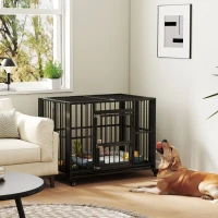 PawHut 43" Heavy Duty Dog Crate, Foldable Dog Cage, with Openable Top, Locks, Removable Tray, Wheels - Black(m-2)