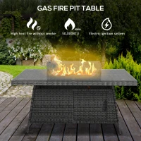 Outsunny 7 Pieces Outdoor Rattan Garden Furniture with Fire Pit Table, 6 Seater Garden Table and Chairs with Cushions, Rattan Dining Set with Propane Heater Table, Windscreen, 50,000 BTU, Grey(m-6)