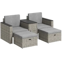 Outsunny 5 Piece Rattan Garden Furniture Set with Storage Table, Footstools, Cushions, Grey(m-1)