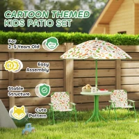AIYAPLAY 4-Piece Kids Garden Table and Chair Set with Adjustable Parasol, Folding Chairs, Table, Nature Pattern, Green(m-7)
