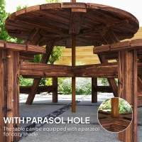 Outsunny Wooden Garden Dining Set, 8 Seater Patio Furniture Set with Round Picnic Table, Parasol Hole for Outdoor Garden, Tan(m-4)