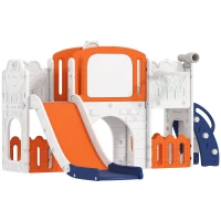 AIYAPLAY 7 in 1 Toddler Slide Set with Basketball Hoop, Climbing Frame, Telescope, Drawing Board, Storage Box, Orange(m-11)