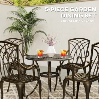Outsunny 5 Pieces Garden Dining Set for 4, Cast Aluminium Outdoor Dining Set with 4 Armchairs and Round Dining Table with Parasol Hole, Garden Furniture Bistro Set, Bronze Tone(m-4)
